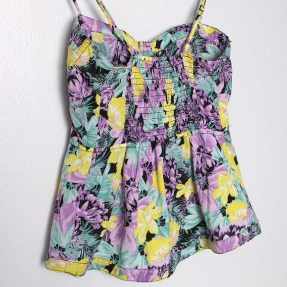 Bluenotes Peplum Sweetheart Floral Blouse Tank Top Smocked Black Purple Blue Y2K - Picture 4 of 9